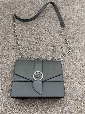 Michael Kors Grey Saffiano Leather Chain Crossbody with MK Logo